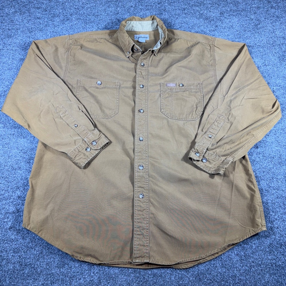 Vintage Carhartt Long Sleeve Cotton Canvas Work Shirt Brown Men's Large - Picture 2 of 11